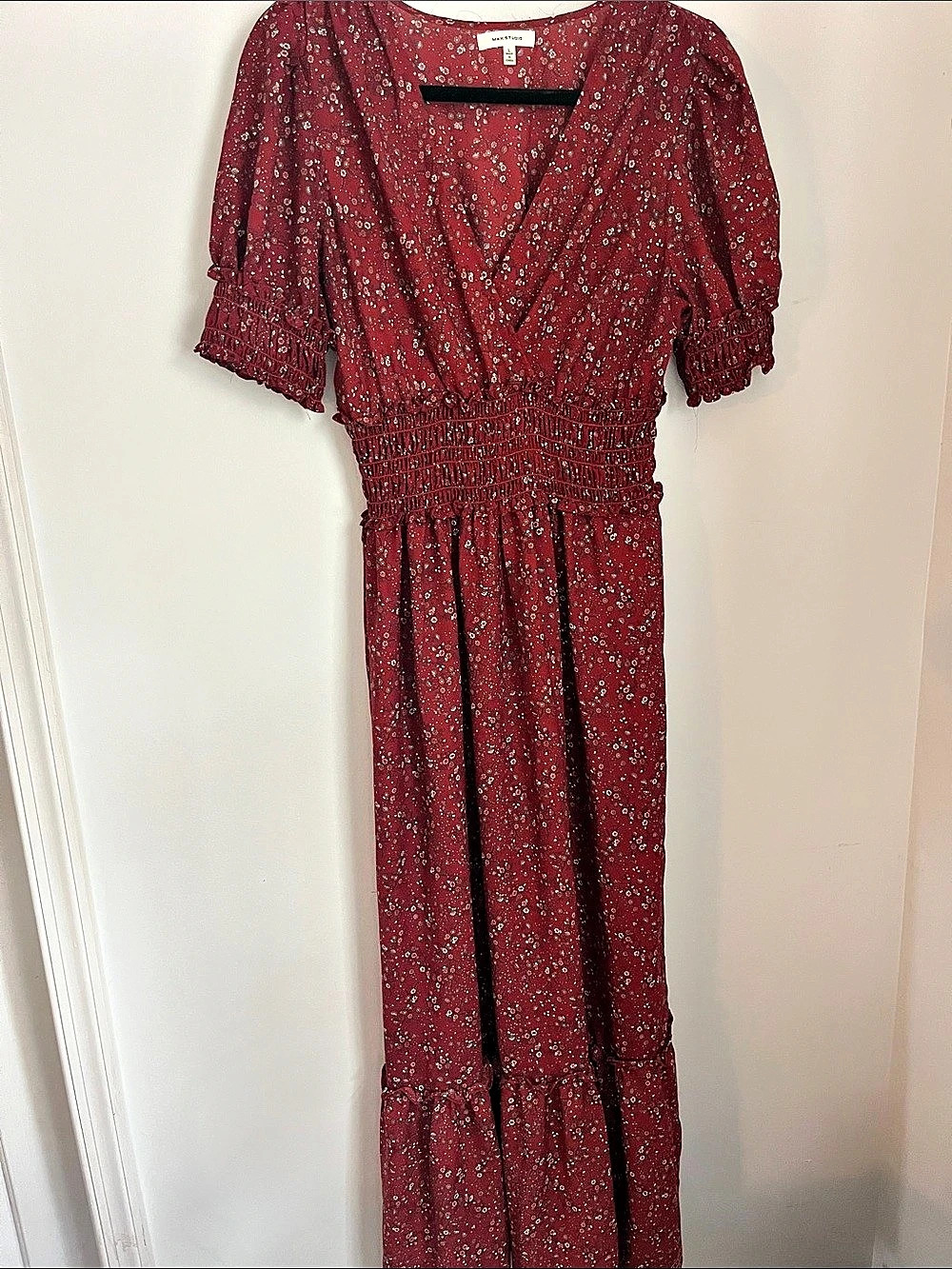 Max Studio Puff Sleeve Smocked Waist Midi Dress Red Large